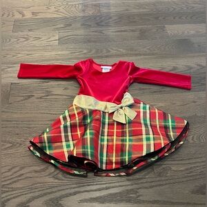Bonnie Jean Red Velvet Holiday Dress with Plaid Skirt & Gold Bow – Size 3T